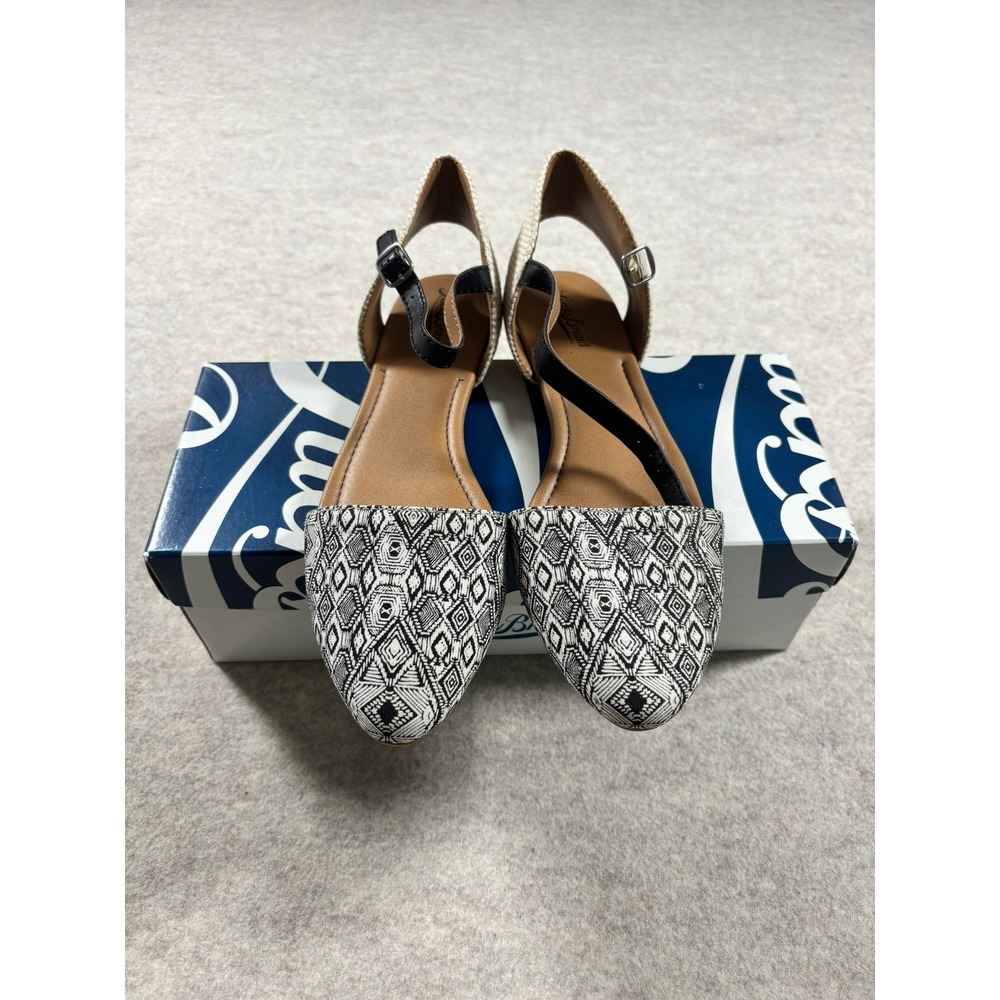 Lucky Brand Abbee Black White Diamond Geometric Pointed Toe Ankle Strap Flats 9M